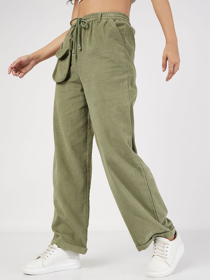 SASSAFRAS Women Olive Green Straight Fit Pure Cotton Parallel Trousers