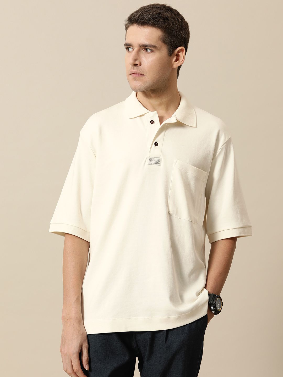 Mr Bowerbird Men Pure Cotton Oversized Polo Collar T-shirt With Chest Pocket