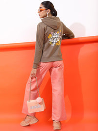 Tokyo Talkies Women Brown Typography Hooded Long Sleeve Polyester Sweatshirt