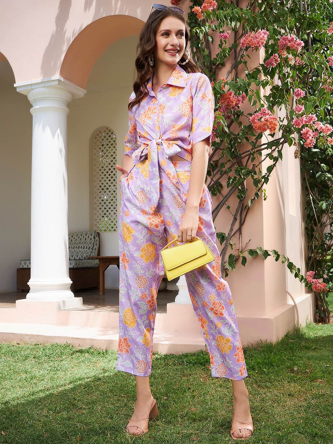 Athena Lavender & Grey Floral Printed Linen Shirt With Trousers