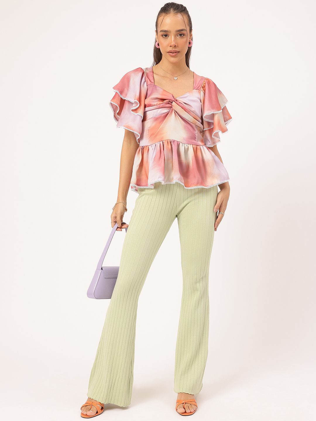 DressBerry Rainbow Radiance Printed Twisted Flutter Sleeves Peplum Top