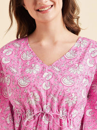Sweet Dreams Pink & White Ethnic Motifs Printed Pure Cotton Night Suit