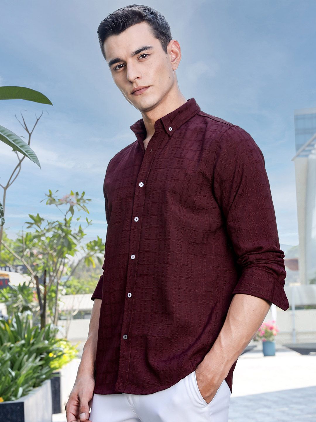 Thomas Scott Men Premium Regular Fit Button-Down Collar Textured Casual Shirt