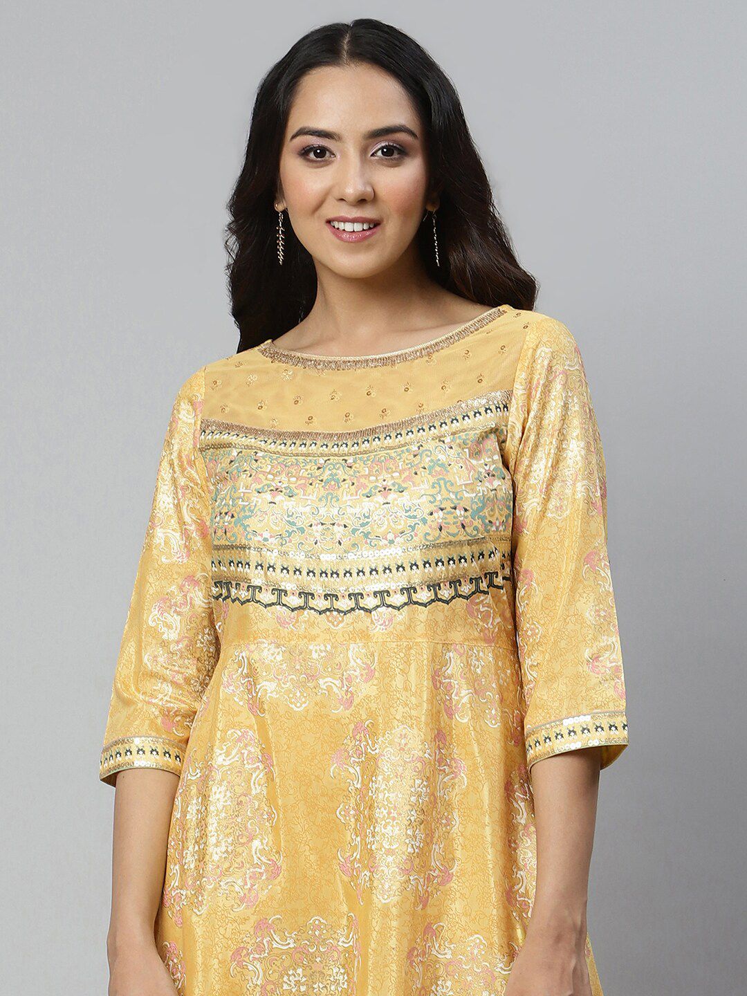 AURELIA Yellow Ethnic Motifs Satin Maxi Dress