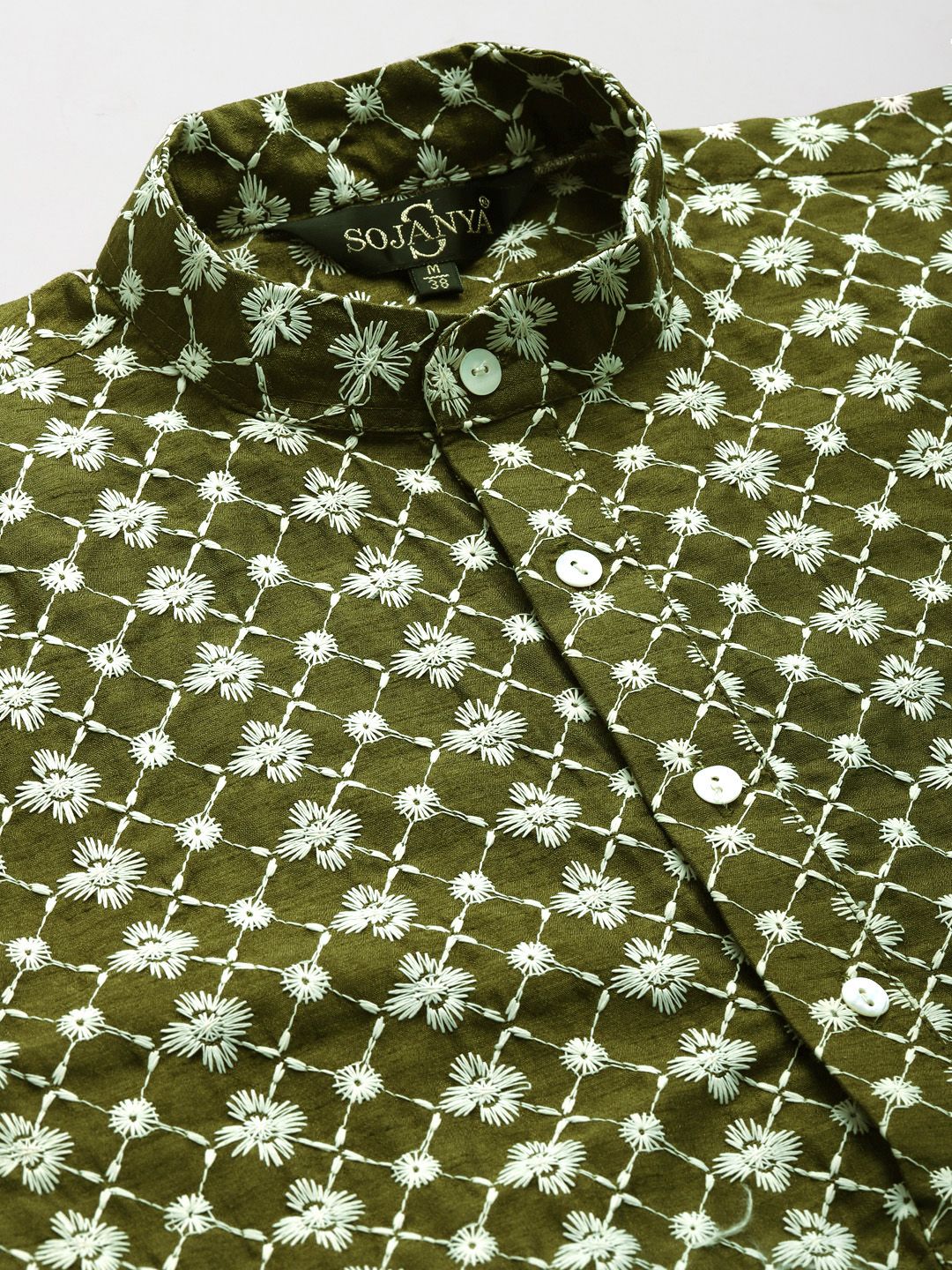 SOJANYA Lelaki Motif Etnik Zaitun Sulam Benang Kerja Kurta dengan Churidar
