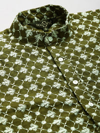 SOJANYA Lelaki Motif Etnik Zaitun Sulam Benang Kerja Kurta dengan Churidar