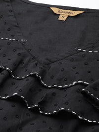 Global Desi Black Dobby Weave Cold-Shoulder Sleeves Smocked Blouson Top