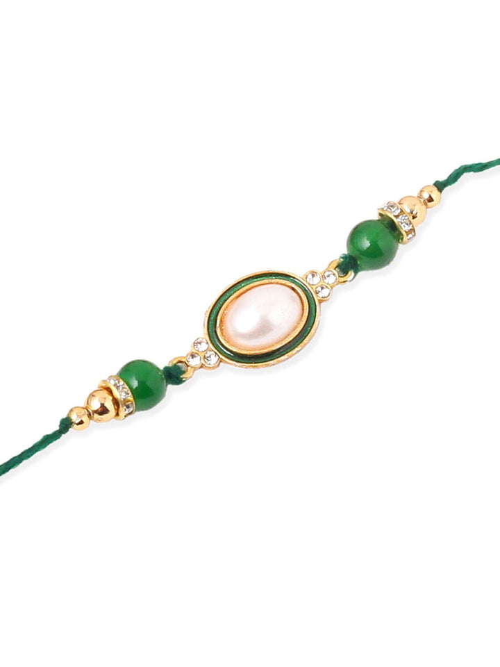 NVR Unisex Set of 3 Artificial Beads & Pearls Thread Rakhi with Roli Chawal Chandan Mishri