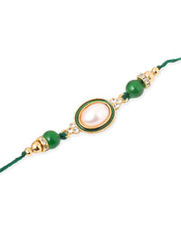 NVR Unisex Set of 3 Artificial Beads & Pearls Thread Rakhi with Roli Chawal Chandan Mishri