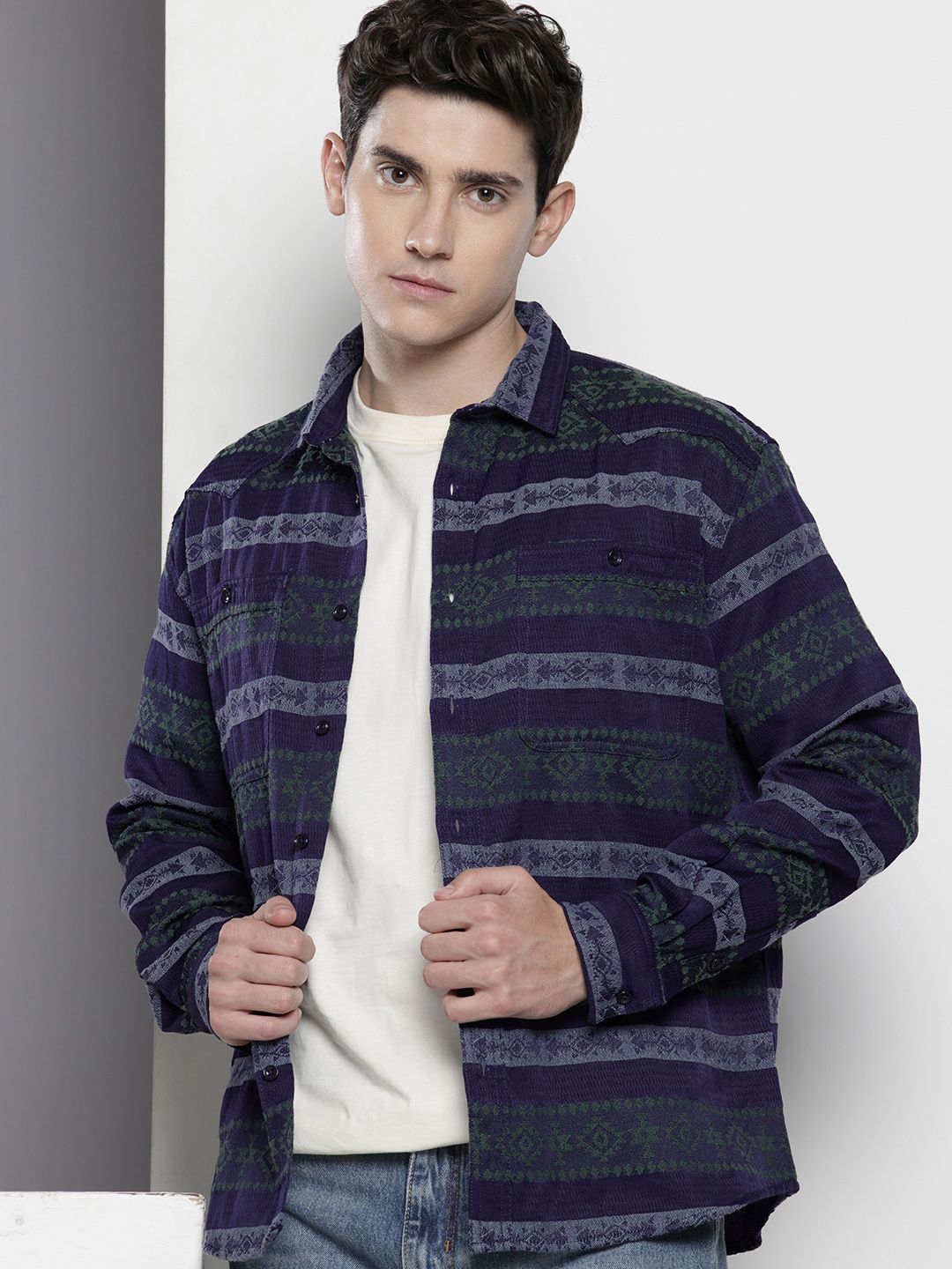 The Indian Garage Co Self-Design Ethnic Drop-Shoulder Sleeves Relaxed Fit Casual Shirt