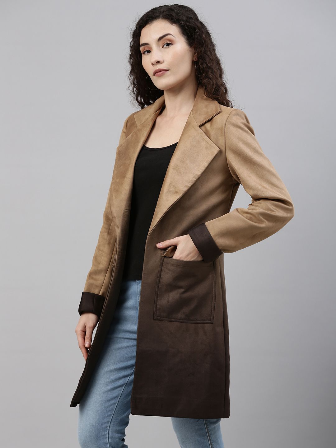 Campus Sutra Women Tan Brown Ombre-Dyed Suede Longline Overcoat