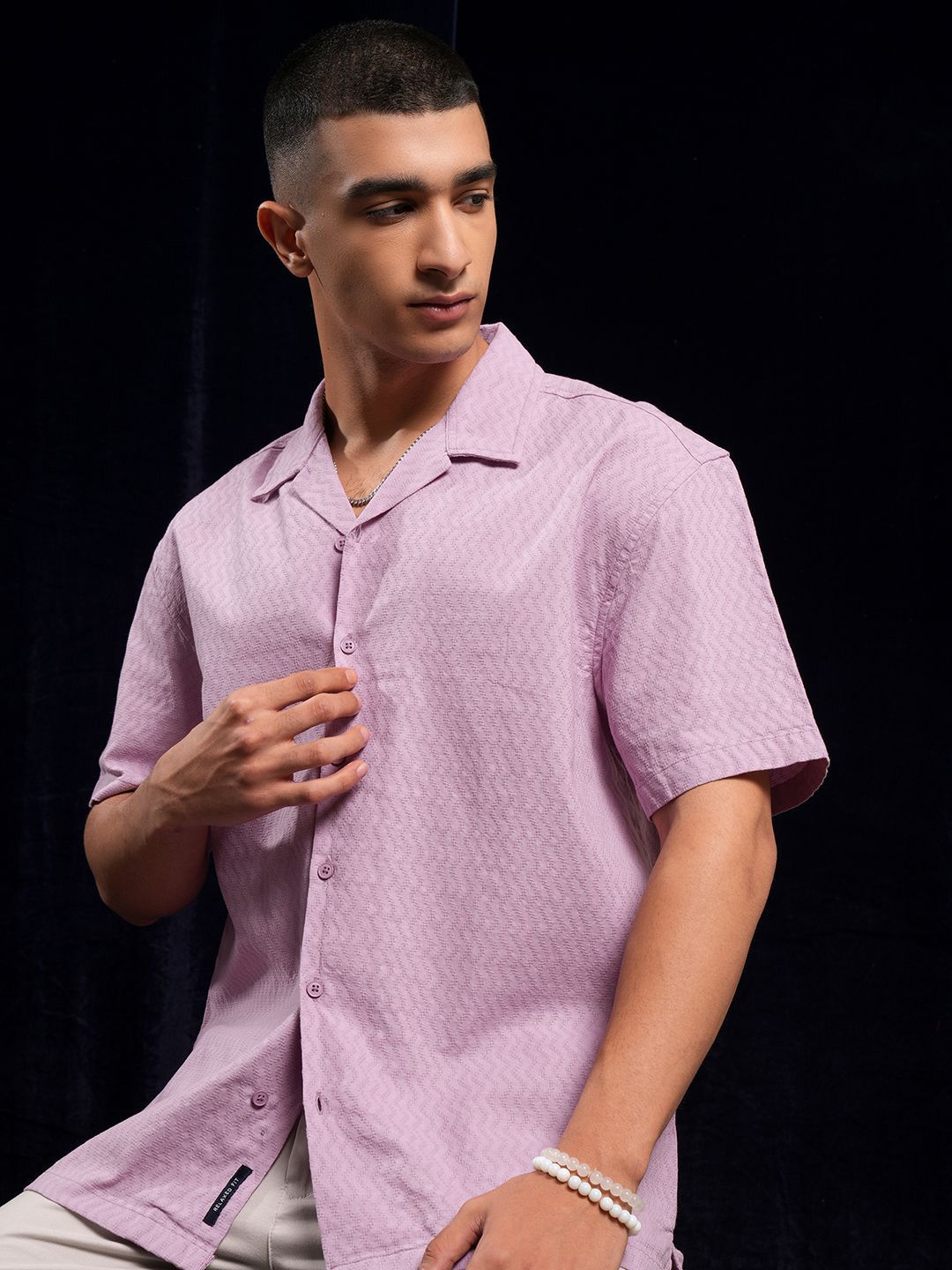 HIGHLANDER Men Dobby Textured Solid Cuban Collar Relaxed Shirt