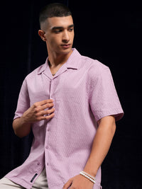 HIGHLANDER Men Dobby Textured Solid Cuban Collar Relaxed Shirt