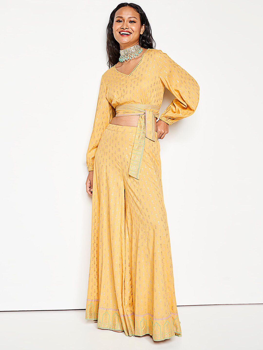 Global Desi V-Neck Top & Mid -Rise Palazzo Co-Ords