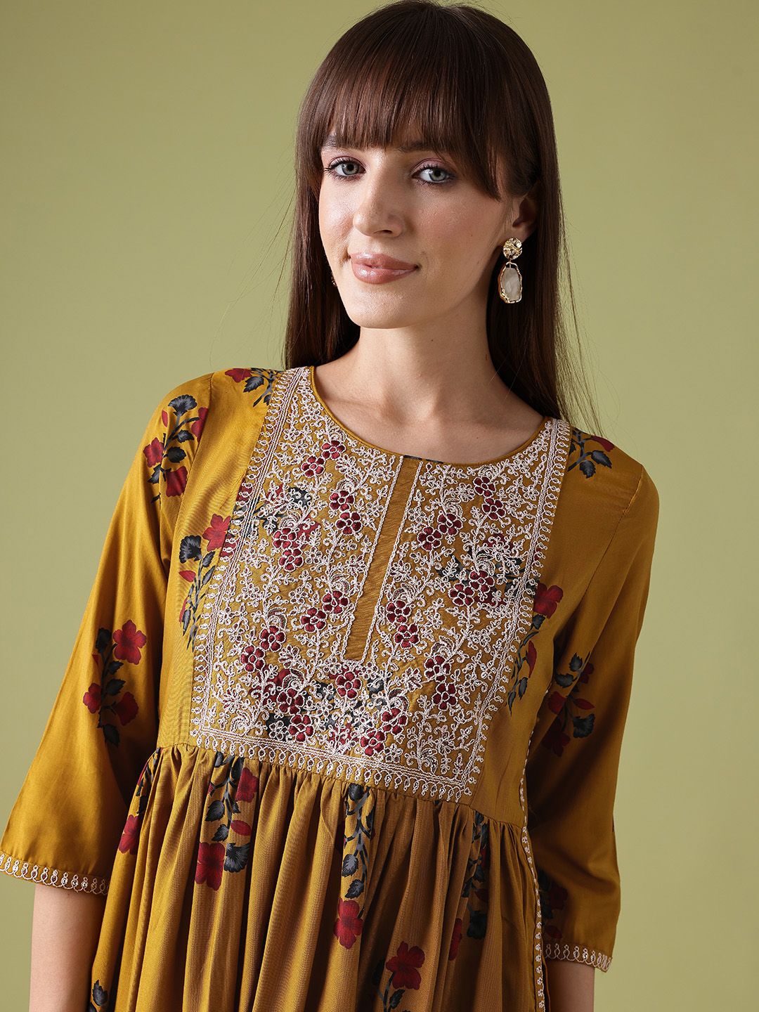 Anouk Floral Print Pleated Thread-Work Kurta with Trousers
