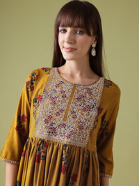 Anouk Floral Print Pleated Thread-Work Kurta with Trousers