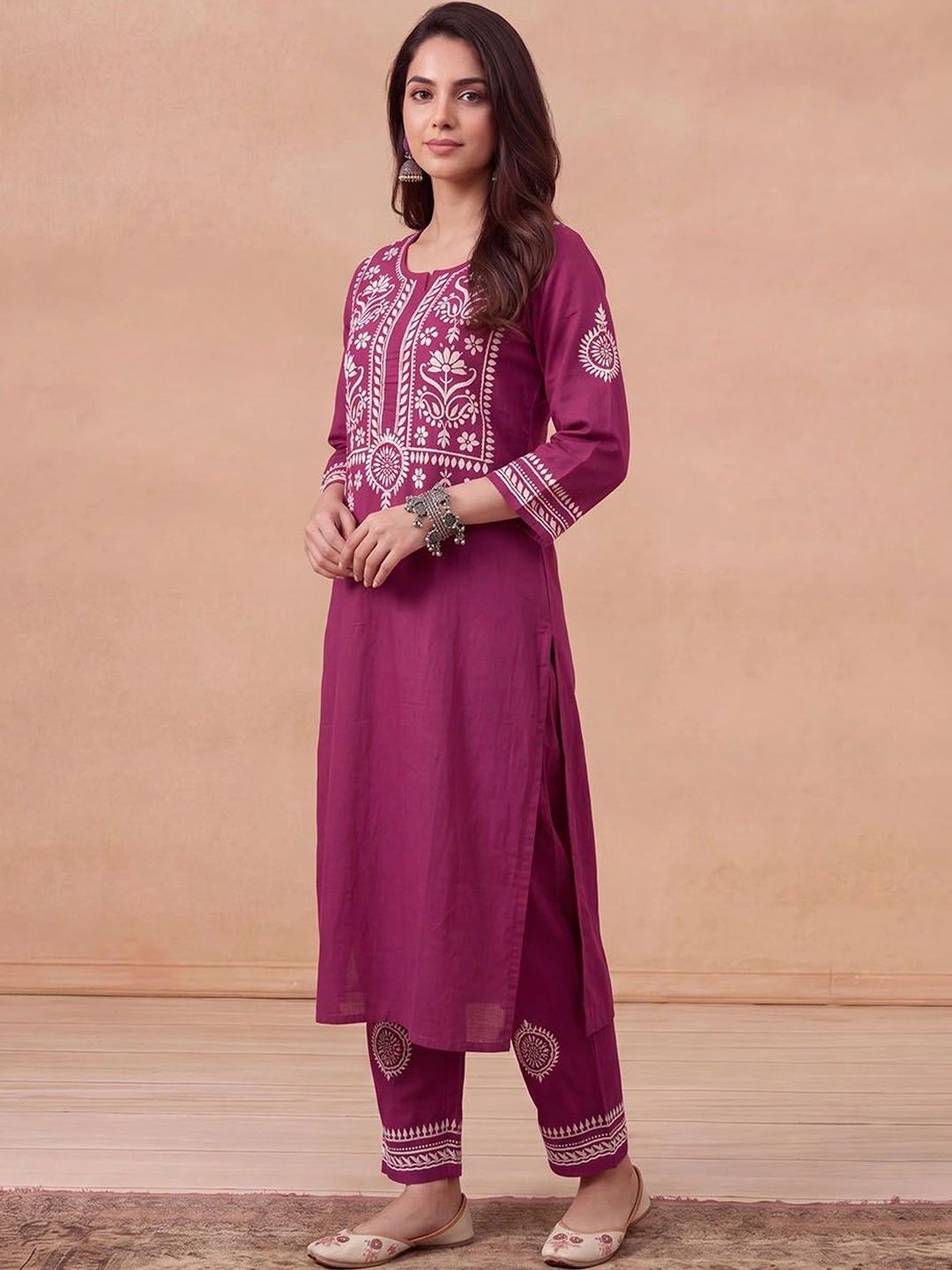 House of Chikankari Women Ethnic Motifs Embroidered Regular Thread Work Kurta with Trousers