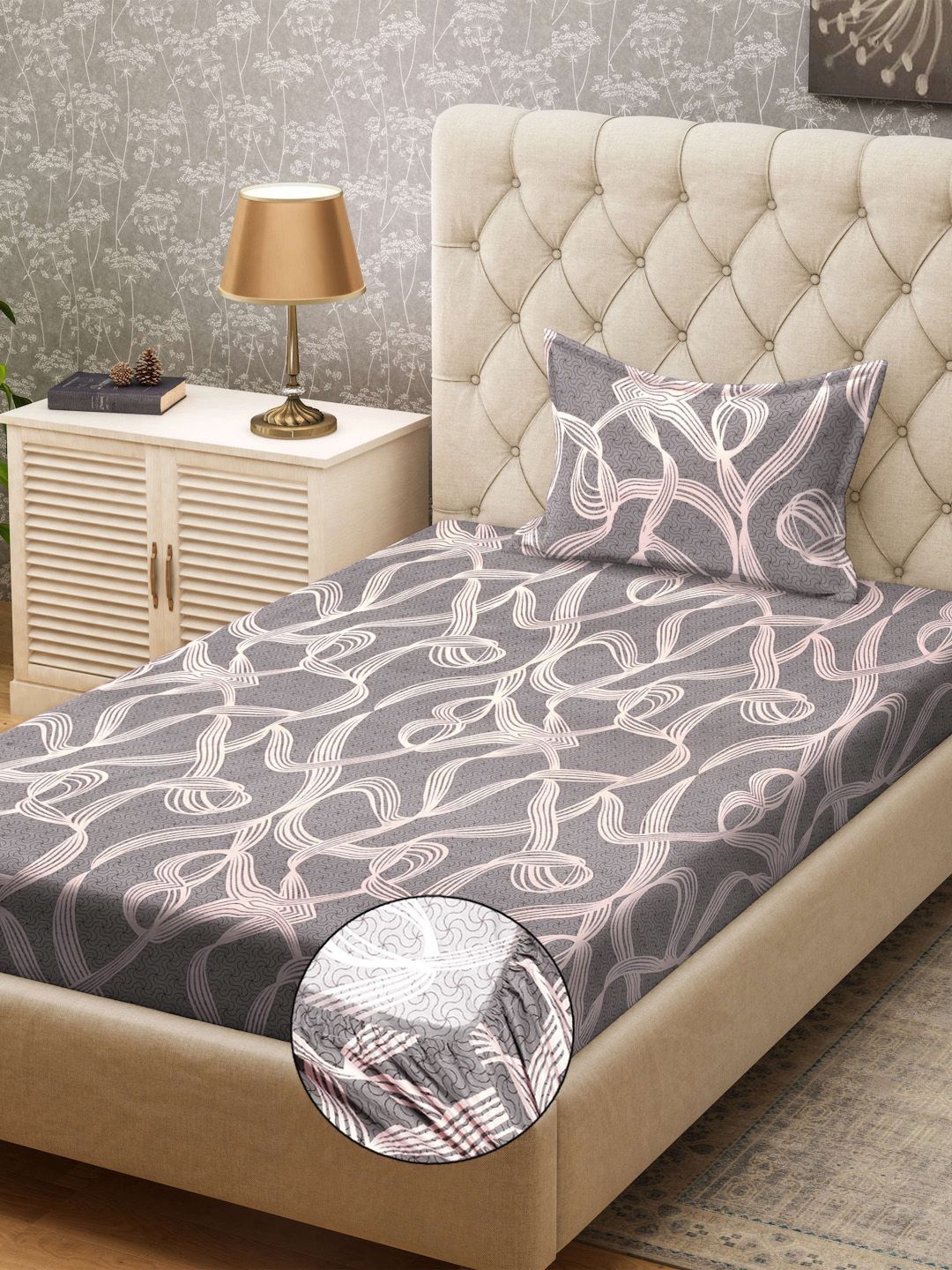 KLOTTHE Grey & White Abstract Printed 300TC Fitted Single Bedsheet & 1 Pillow Covers