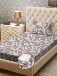 KLOTTHE Grey & White Abstract Printed 300TC Fitted Single Bedsheet & 1 Pillow Covers