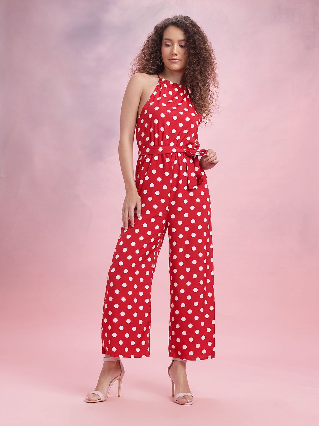 DressBerry Polka Dots Print Basic Jumpsuit with Belt