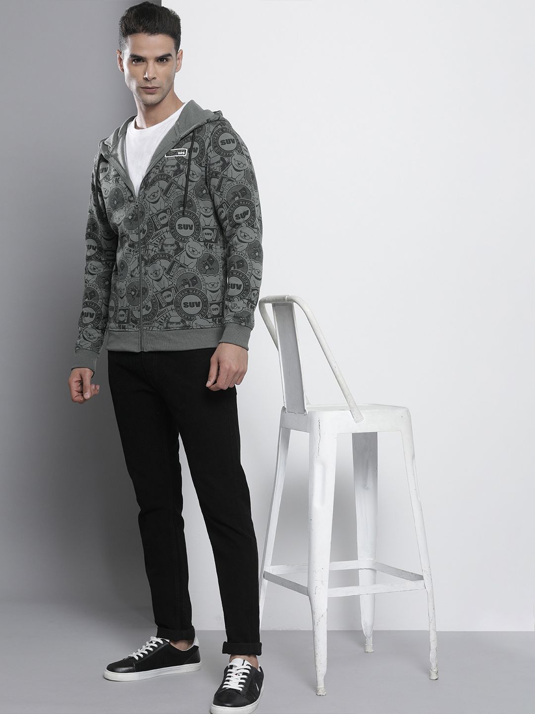 The Indian Garage Co Men Charcoal Grey Printed Hooded Sweatshirt