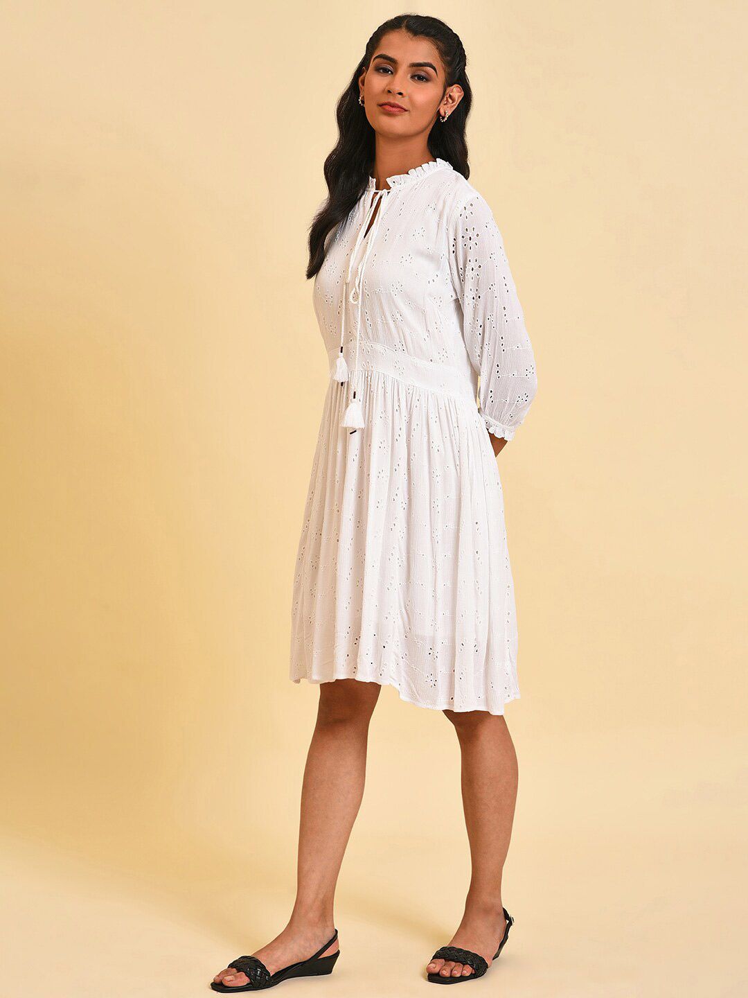 W Self Design Tie-Up Neck Schiffli Fit & Flare Dress