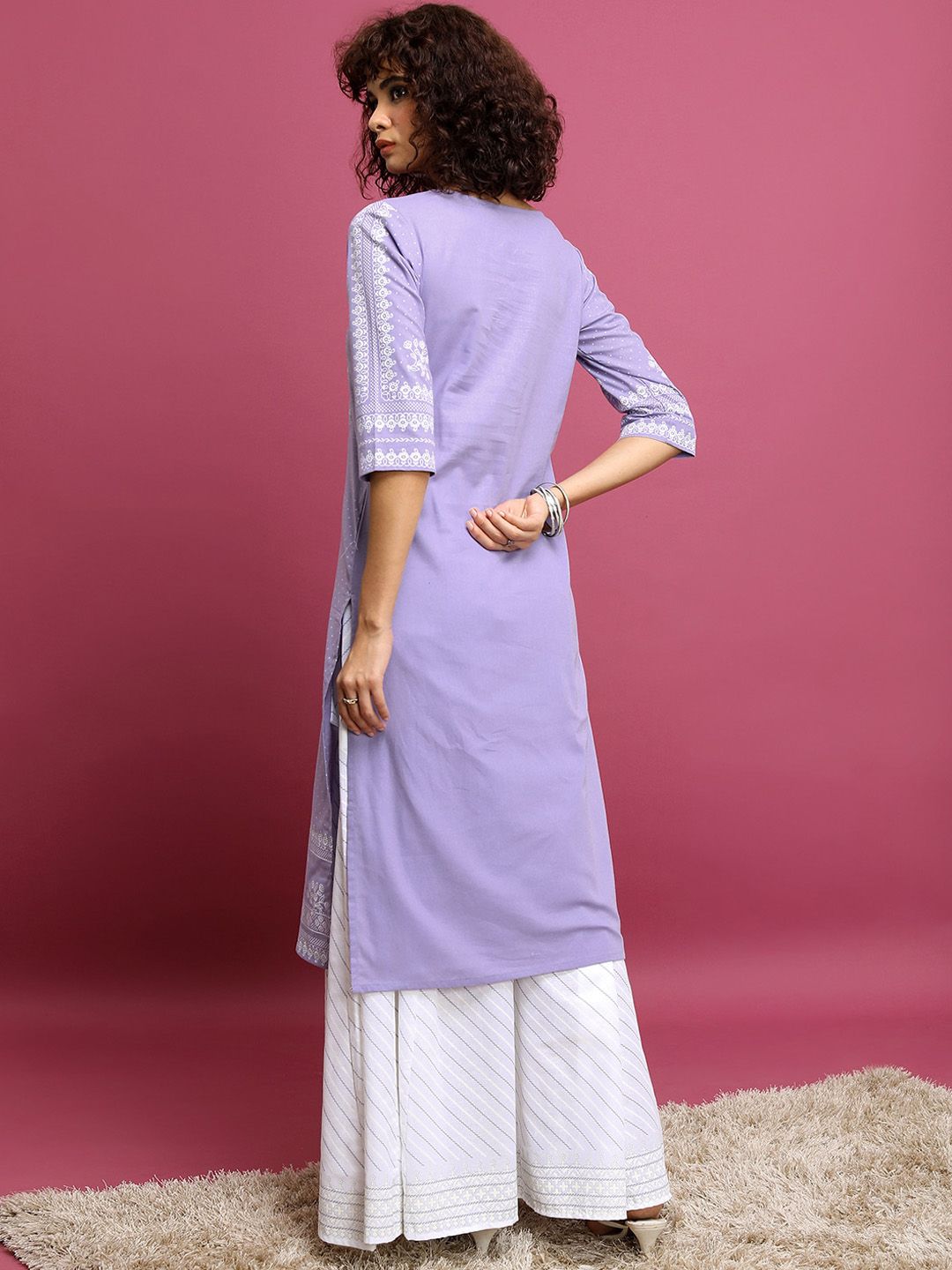 Vishudh Lavender Motif Etnik Bercetak Leher Bulat Kurta Tulen Kapas &amp; Skirt