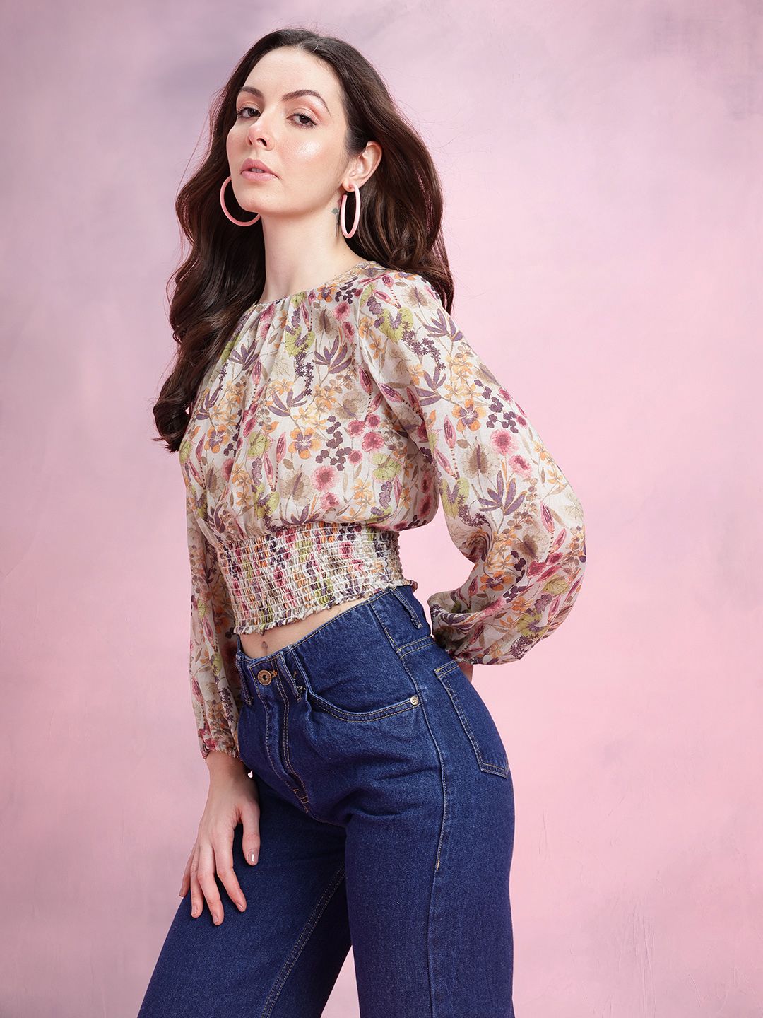 DressBerry Floral Print Cuffed Sleeves Smocked Detail