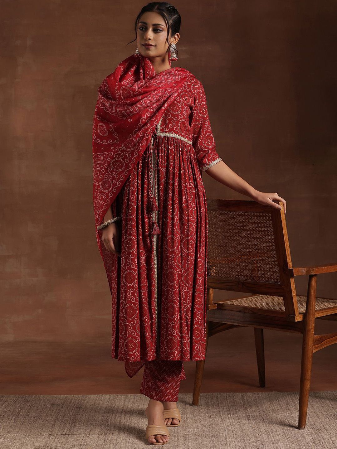 Libas Bandhani Printed Pleated Gotta Patti A-Line Kurta With Trouser & Dupatta