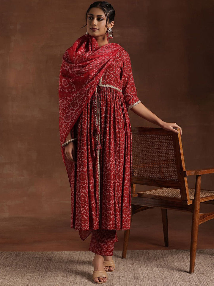 Libas Bandhani Printed Pleated Gotta Patti A-Line Kurta With Trouser & Dupatta