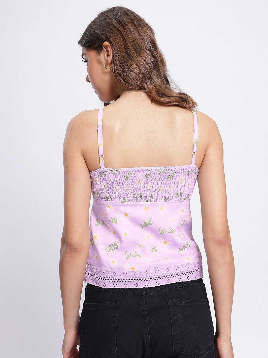 DressBerry Lavender Love Daisy Dreams Lace Inserts Pleated Printed Top