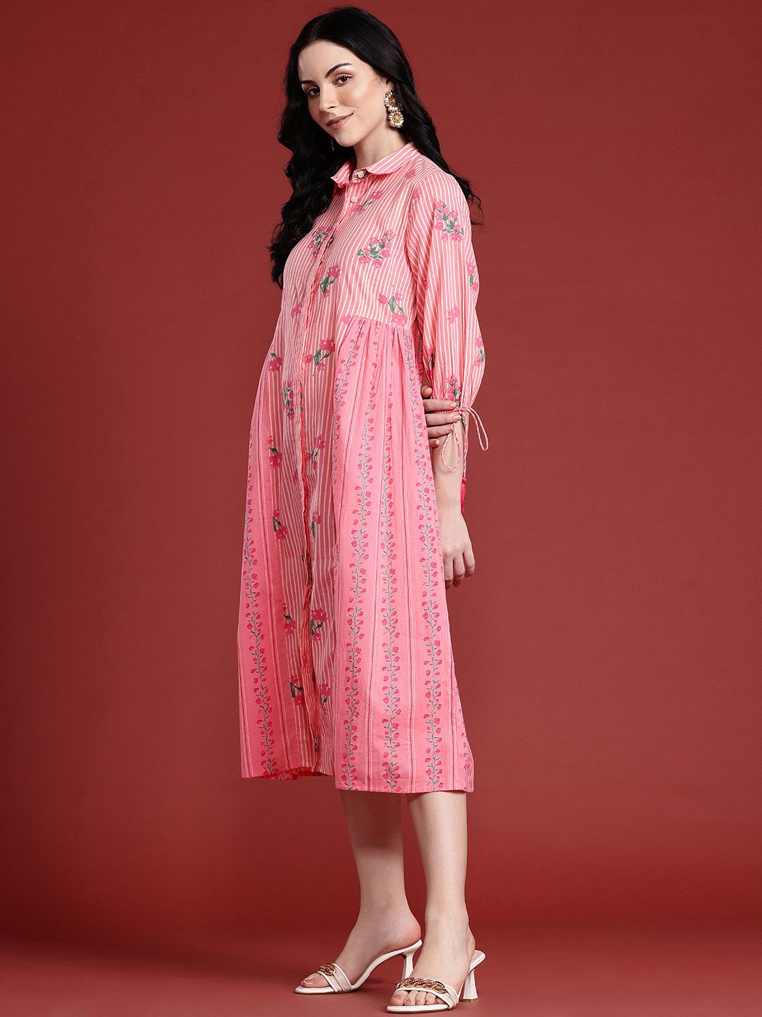 Anouk Floral Print Pleated Tasseled Shirt Collar Pure Cotton Ethnic Dress