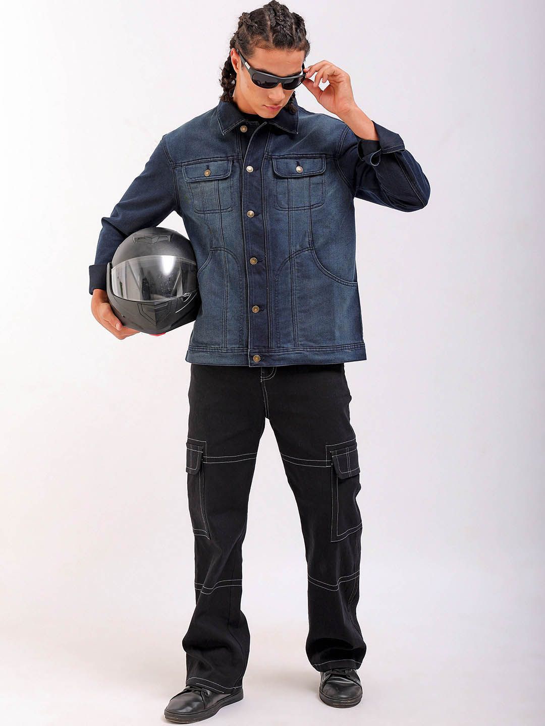 The Indian Garage Co Washed Checked Crop Denim Jacket with Patchwork