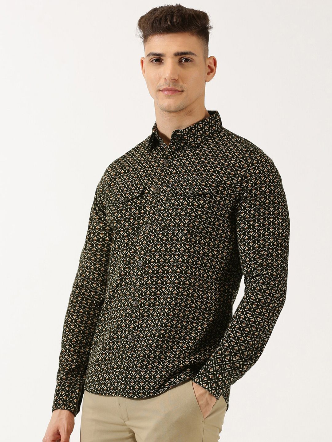 Thomas Scott Classic Slim Fit Floral Printed Cotton Corduroy Semiformal Shirt