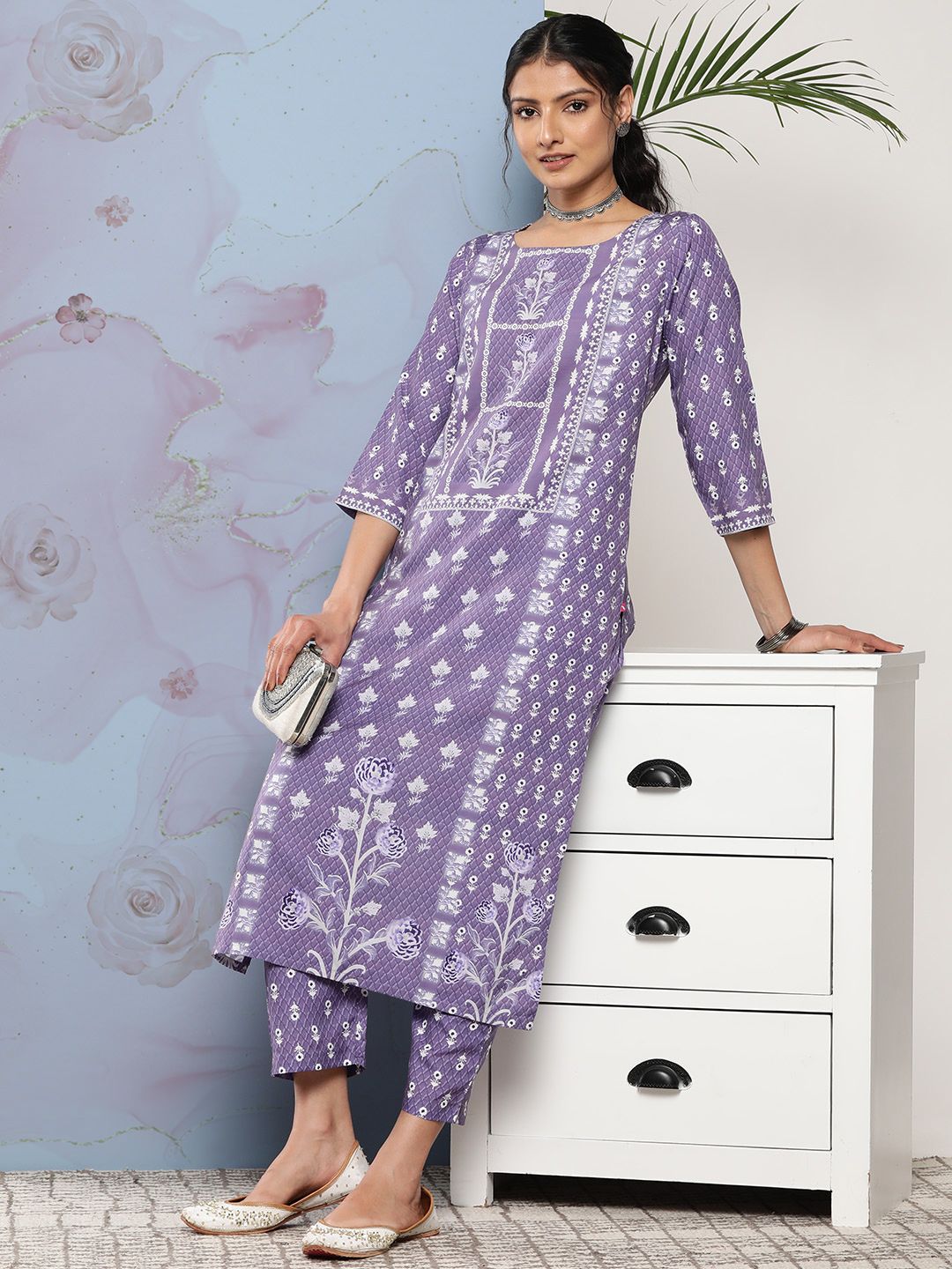 Varanga Women Lavender Ethnic Motifs Printed Kurta with Trousers