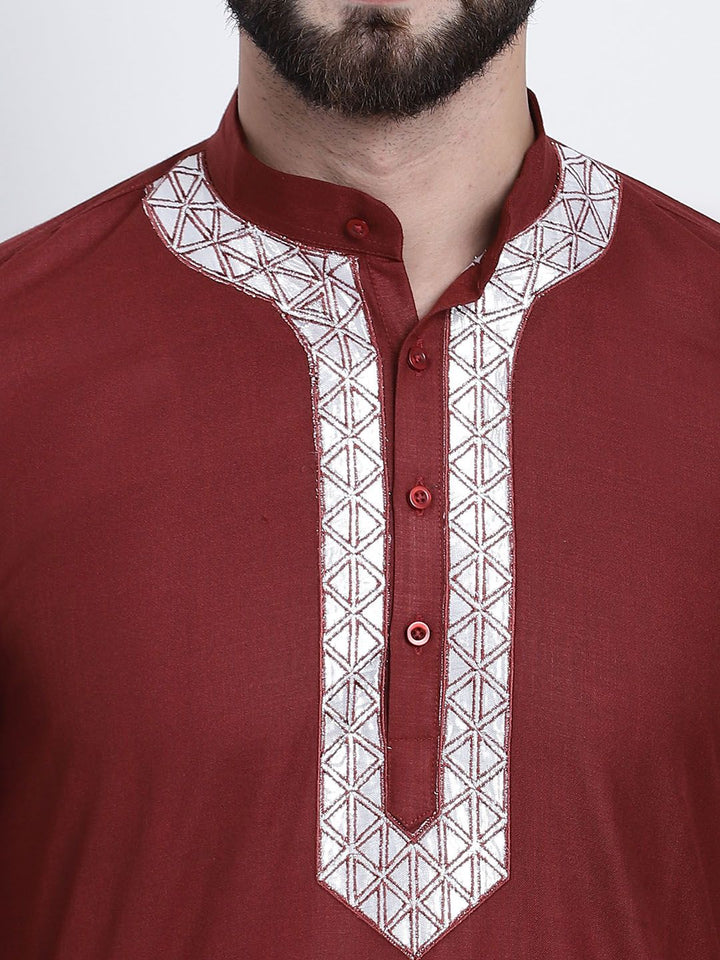 SOJANYA Men Maroon & Silver Pure Cotton Yoke Design Gotta Patti Kurta