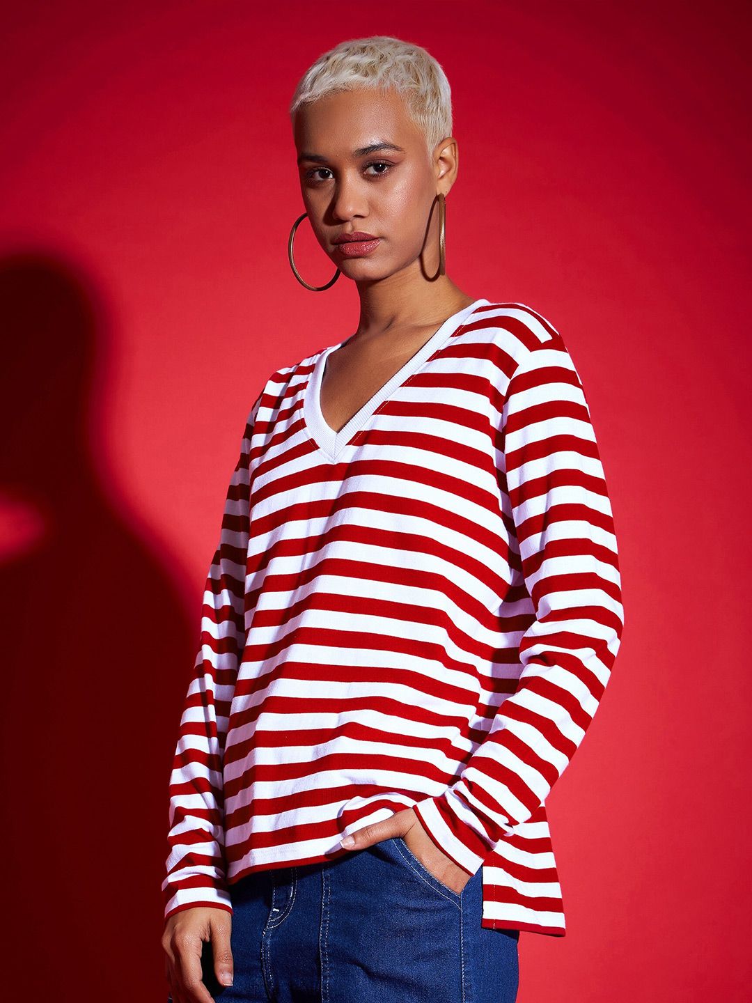 SASSAFRAS Red Striped V-Neck Long Sleeves Pure Cotton Pullover Sweatshirt