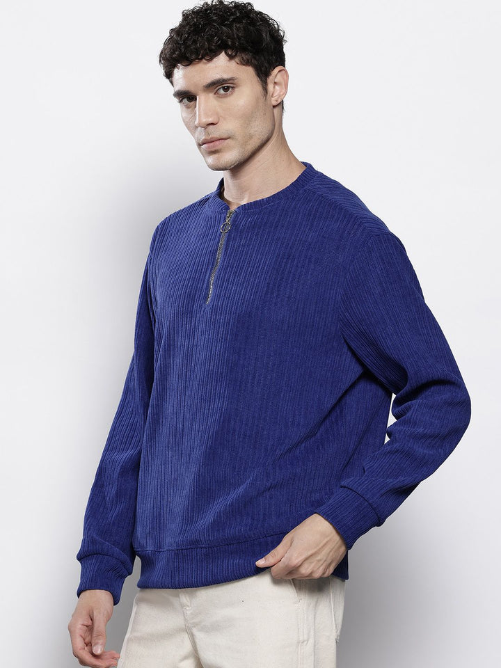 The Indian Garage Co Self Design Henley Neck Drop-Shoulder Sleeves Corduroy Sweatshirt