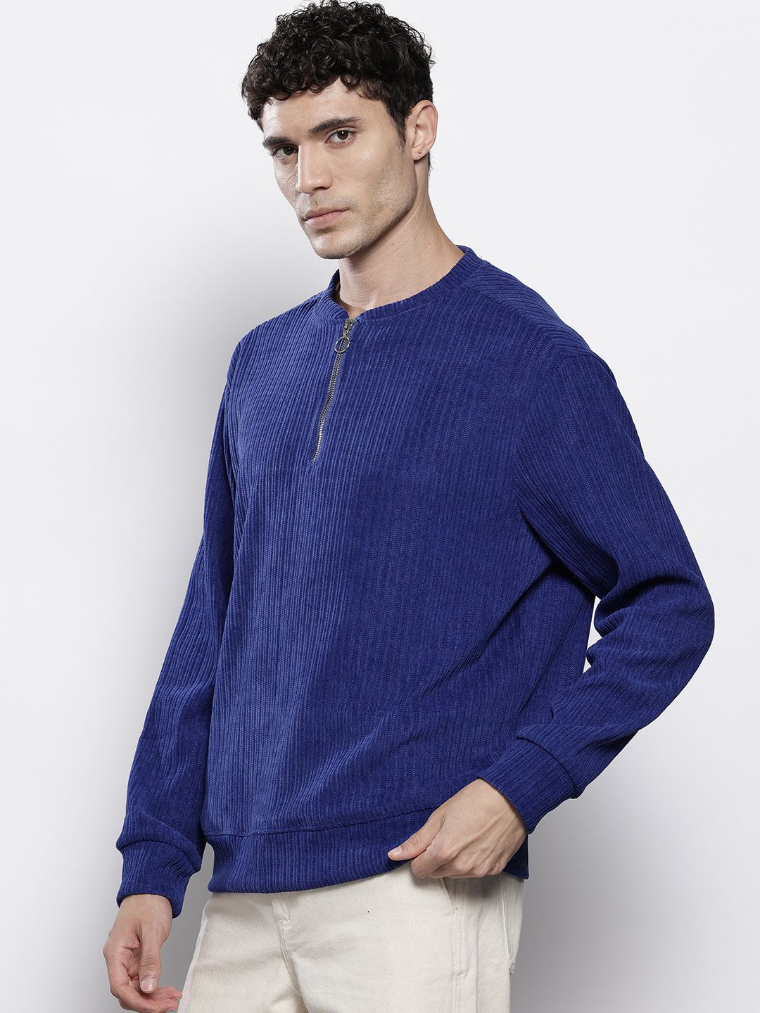 The Indian Garage Co Self Design Henley Neck Drop-Shoulder Sleeves Corduroy Sweatshirt