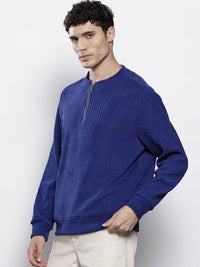 The Indian Garage Co Self Design Henley Neck Drop-Shoulder Sleeves Corduroy Sweatshirt