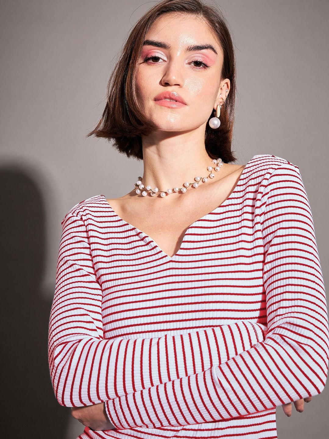 SASSAFRAS Red Striped Sweetheart Neck Long Sleeves Regular Top