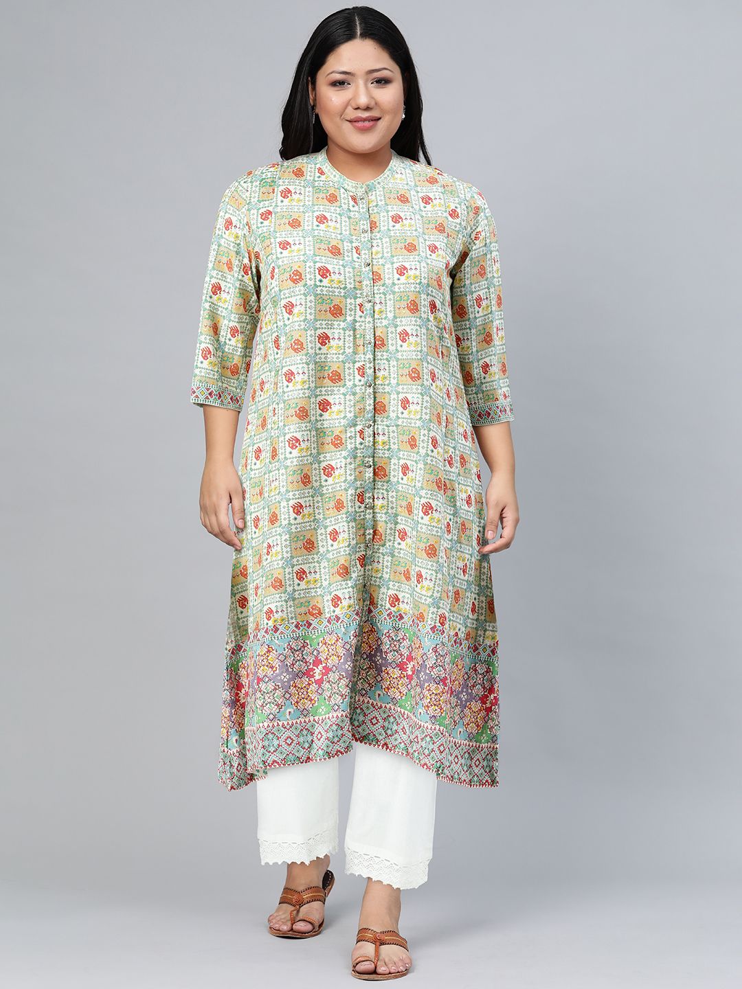 W Women Sea Green & White Ethnic Motifs Printed Kurta