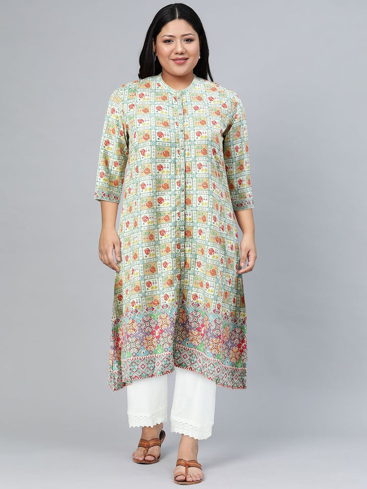 W Women Sea Green & White Ethnic Motifs Printed Kurta