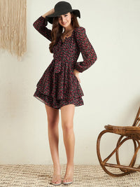 Berrylush Black Floral Printed Sweetheart Neck Layered Detailed Playsuit With Belt