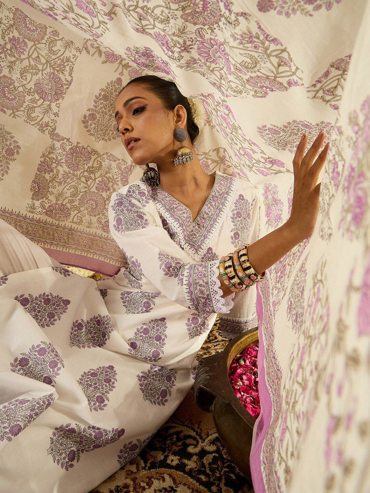 Indo Era Floral Printed Regular Sequinned Pure Cotton Kurta with Trousers & Dupatta