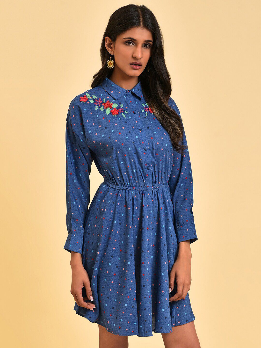 W Blue Polka Dots Embroidered Detailed Shirt Collar  Fit & Flare Dress