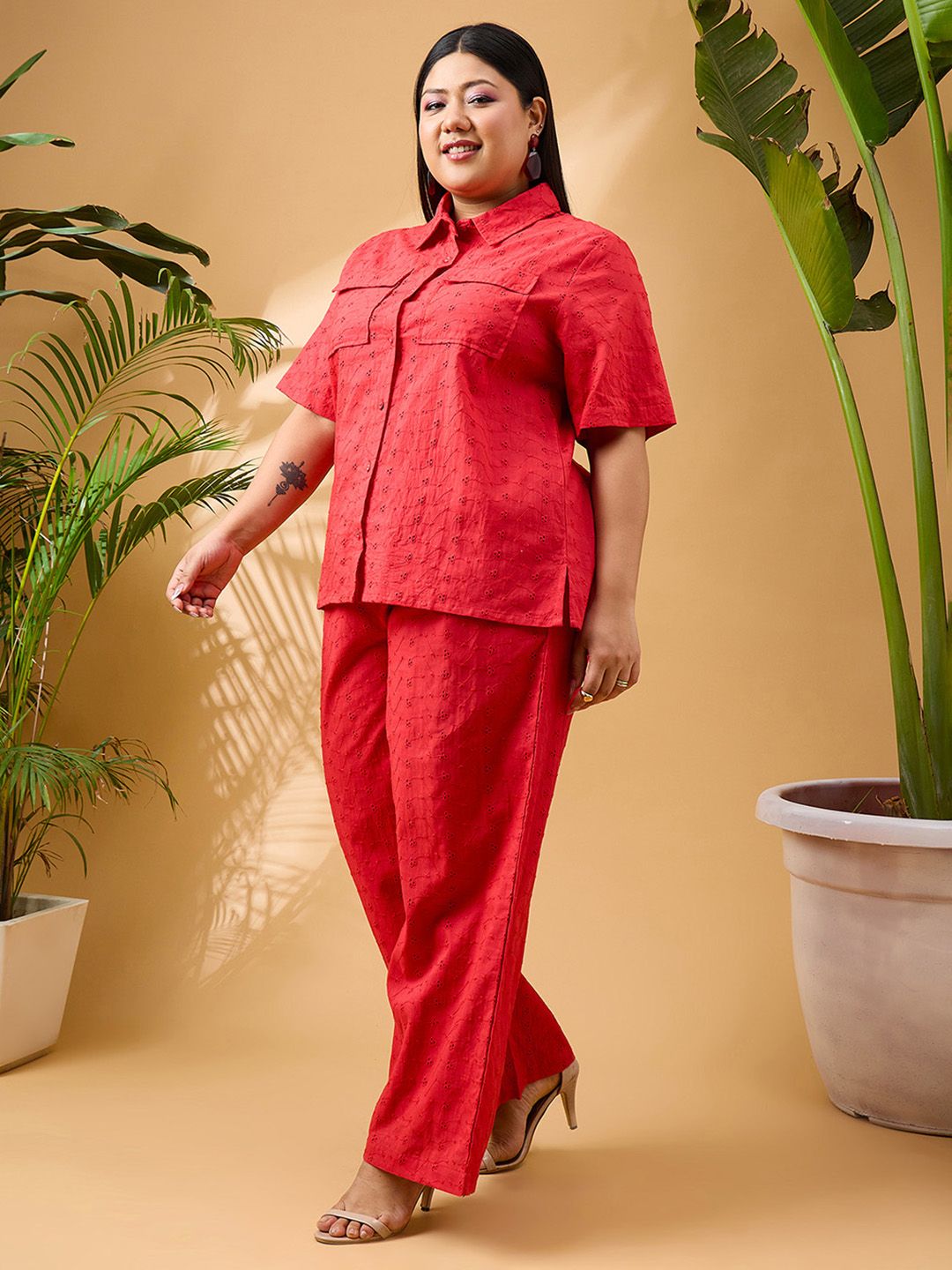 SASSAFRAS Curve Plus Size Red Schiffli Embroidered Pure Cotton Shirt & Trouser Co-ords