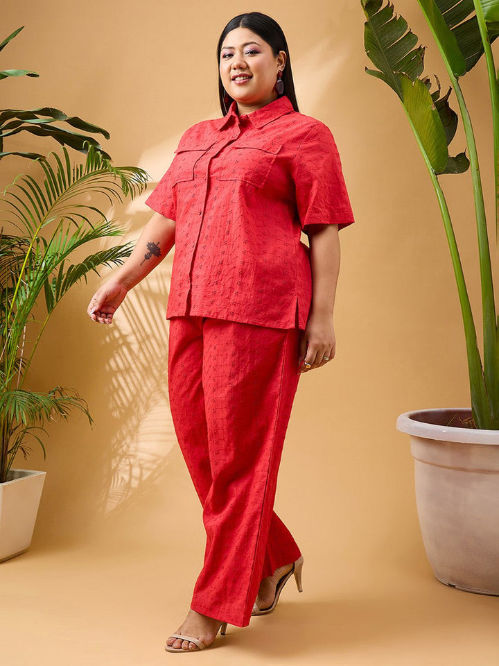 SASSAFRAS Curve Plus Size Red Schiffli Embroidered Pure Cotton Shirt & Trouser Co-ords
