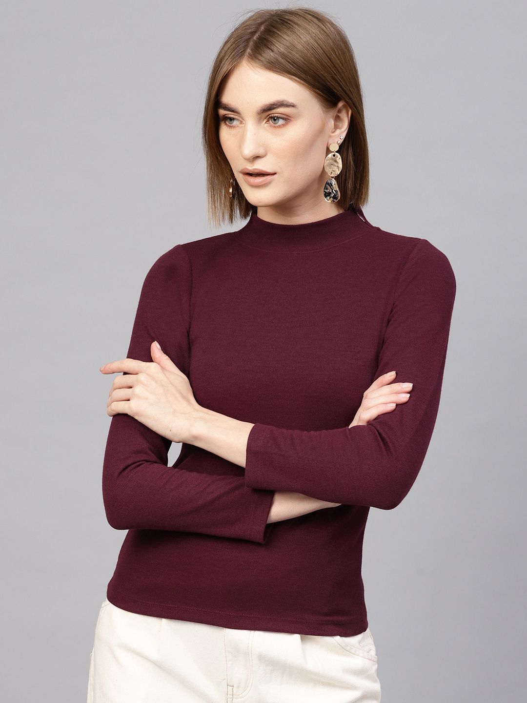 SASSAFRAS Burgundy High Neck Ribbed Top