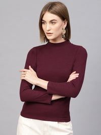 SASSAFRAS Burgundy High Neck Ribbed Top